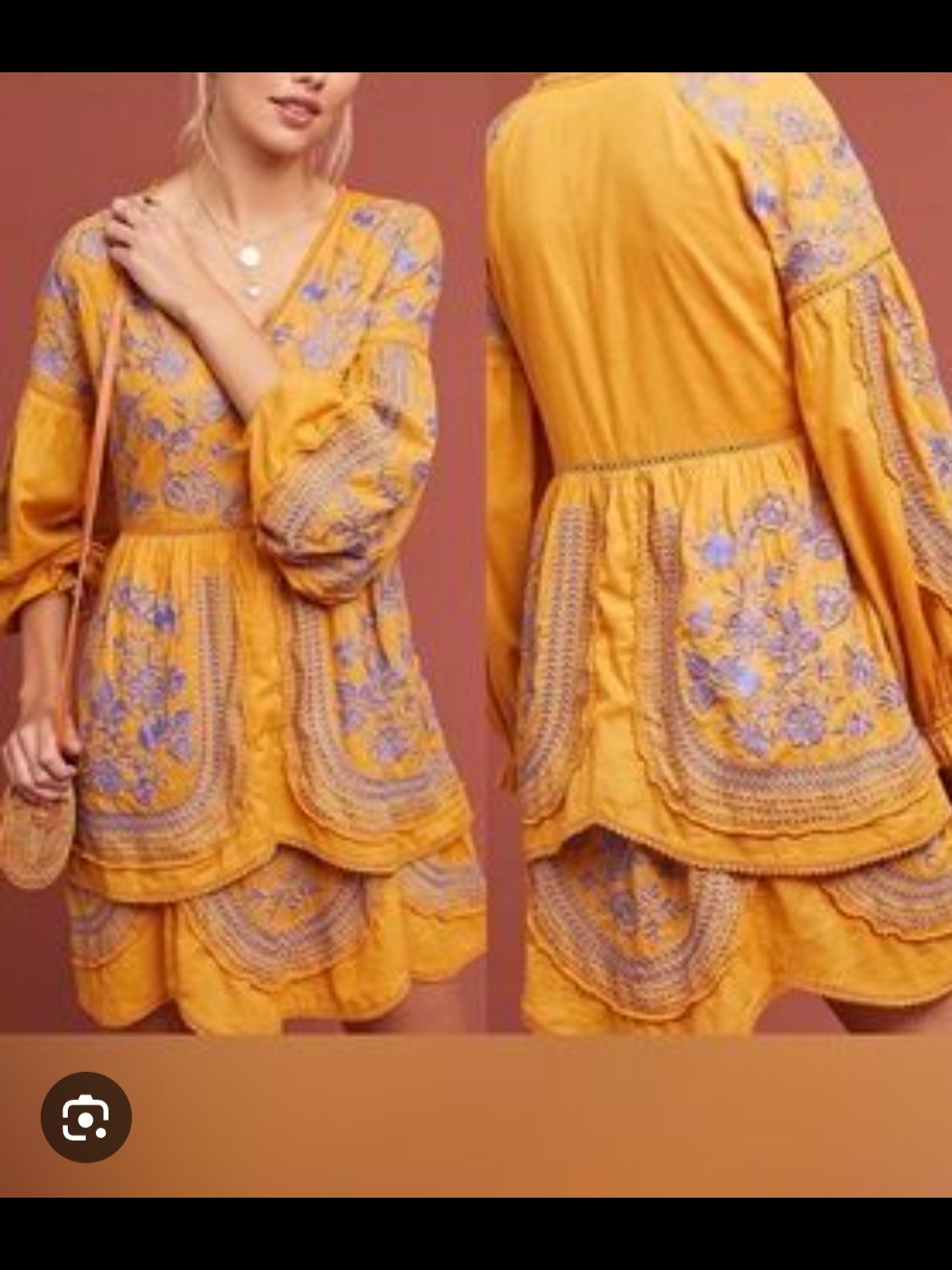 Anthropologie Mustard Yellow Mini Dress With Lavender Embroidery